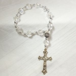 Silver Cross Crucifix Glass Prayer Bead Bracelet